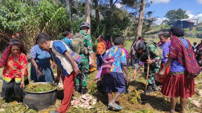 Satgas Yonif Raider 321 Kostrad Hadiri Acara Ibadah Perkawan Gereja Klasis Se-Jayawijaya dan Tradisi Bakar Batu